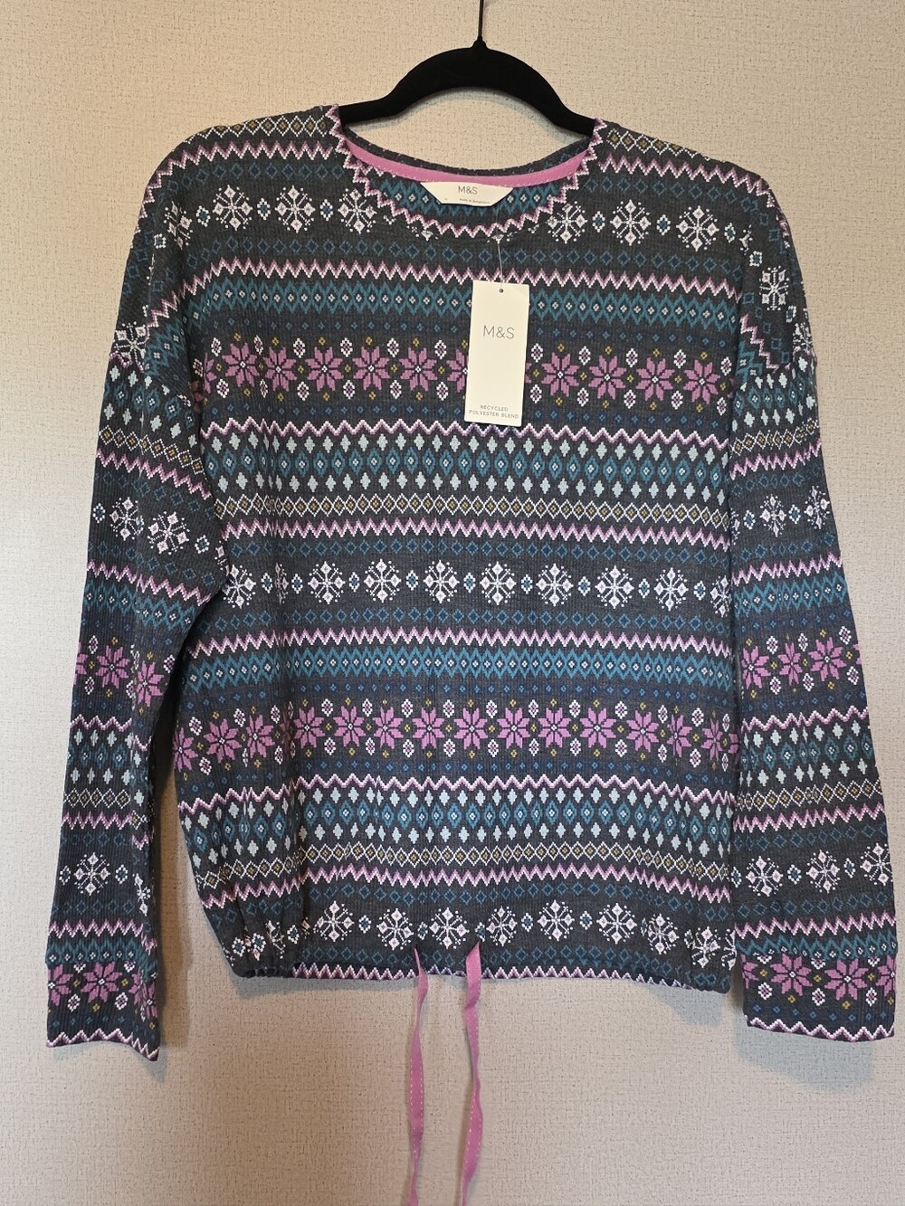 Women's Nordic Print Long Sleeve Sleep Top in Pink & Teal